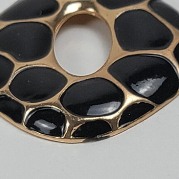 Gold-Tone Black Enamel Drop Earrings 2.5 In Pierced Post Leopard Print Pebble - Picture 5 of 10